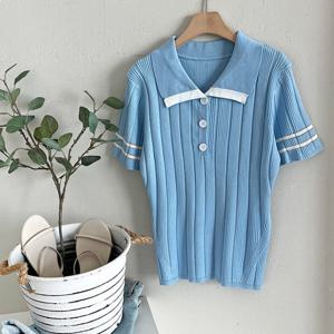 샵앤) 왕골지 여성 반팔 카라 니트 티셔츠 BONG-WKN-3413-블루