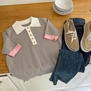 샵앤) 삼색 여성 카라 단추5부 반팔니트 DGB-WKN-3568-그레이