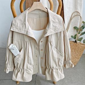 샵앤) 여성 넓은 카라넥 셔링 밴딩 간절기 7부소매 점퍼 DGB-WJP-4345-베이지