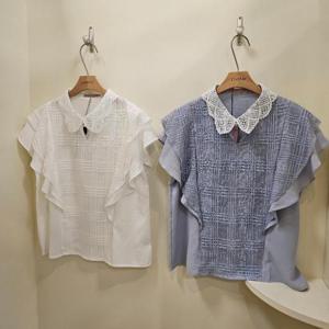 스테파니 HC07 네모 레이스 배색 프릴 나시 블라우스 A25SH5225