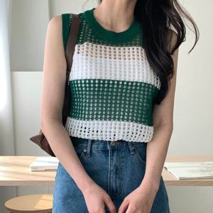 샵앤) 국산 여성 라운드넥 투톤 망사 그물 니트 레이어드 조끼 21DS-WVS-4453-블랙