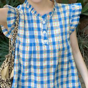 샵앤) 여성 바캉스 프릴 체크 셔링 민소매 블라우스 MSE-WBL-20643-소라