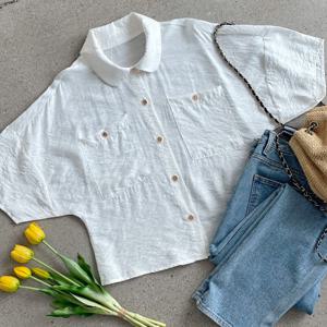 샵앤) 여성 카라넥 샤틴 빅포켓 여름 5부 블라우스 JR-WBL-4521-아이보리