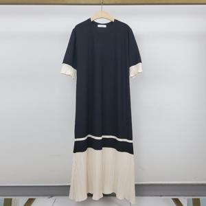 샵앤) 국산 여성 라운드 투톤 배색 주름 오버핏 롱원피스 LL-WDR-4671-블랙