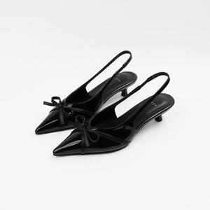 [신난다슈]여성 슬링백 힐 4cm 리본 스틸레토 슬링백 구두 펌프스 미들힐 ST251103 블랙