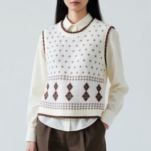 샵앤) 여성 배색 라운드 다이아 레이어드 니트 조끼 MSE-WVS-20793-베이지