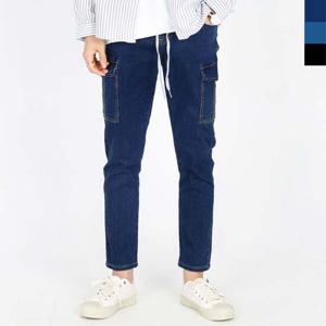 남성 사계절 카고 세미 배기핏 허리 밴딩 스판 청바지