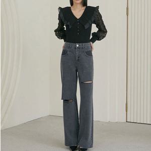 [에고이스트]자수 포인트 언발 슬릿 와이드데님(ER1DP261)