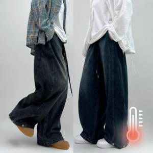 *겨울기모ver*[UNISEX/숏,기본,롱]커브 빈티지 워싱 벌룬 와이드 밴딩 데님 팬츠 남여공용 빅사이즈 아이돌 댄스 바지 사계절