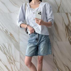 [다잇템]여자 금장단추 탱크 반소매 줄무늬 남방