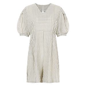 샵앤) 여성 V넥 퍼프소매 체크 미니 점프 슈트 NTT-WDR-20590-옐로우