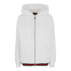 GUCCI 앞면에 로고가 인쇄되어 있고 가장자리에 웹 디테일이 있는 코튼 맨 화이트 스웨트셔츠 810383XJG079692