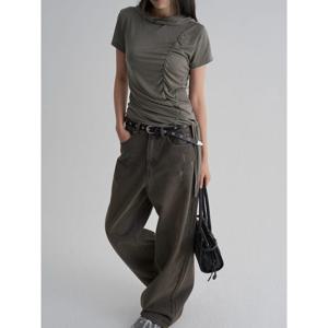 (165842AYBH) [에잇세컨즈] 셔링 반소매 후드 저지탑  카키