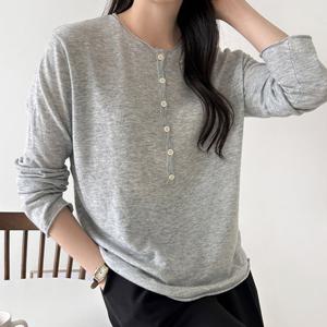 샵앤) 여성 라운드 반오픈 단추 얇은 무지 긴팔 니트티 NYS-WKN-4797-아이보리