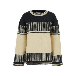 LOW CLASSIC Black and White Crew Neck Sweaterwith All Over Intarsia in Wool Woman LW254KN12BK0015