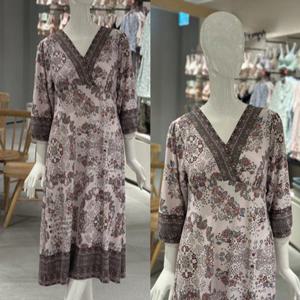 [비너스]약기모 플라워 보더나염 그레이 브라캡내장 홈드레스[VGN3985]