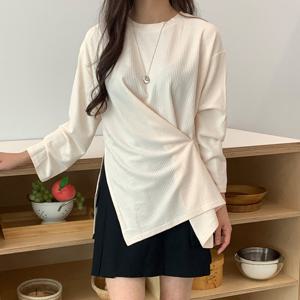 샵앤) 여성 라운드 골지 옆트임 버튼슬릿 루즈핏 긴팔 티셔츠 21DS-WSH-4899-블랙