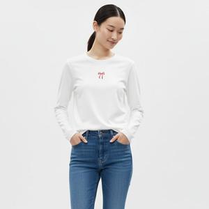 샵앤) 국산 여성 라운드 자수 리본 워싱 긴팔 이중기 티셔츠 DAI-WSH-20815-화이트