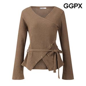 GGPX  V넥 사선 버튼 리본 골지 니트 (GP9KP045F)