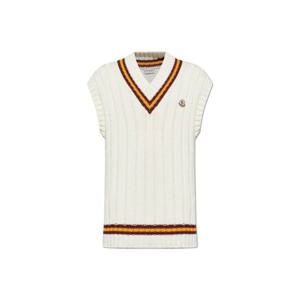 25 FW 몽클레어 브이넥라인 코튼 퓨어 니트 베스트 화이트 K20919I00001M3152