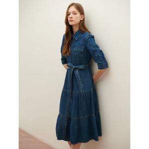 [샤틴]데님 벨티드 티어드 원피스/S252B651
