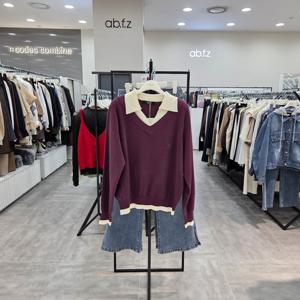 [ab.f.z]AFZ4HW48/소매 카라 배색 브이넥 루즈핏 니트 티셔츠_IC