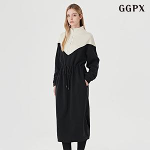 GGPX 하이넥 집업 배색 기모 허리 스트링 포켓 롱 원피스 (GODOW018D)