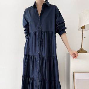 샵앤) 여성 카라 단추 4단 캉캉 셔링 롱원피스 ARA-WDR-4949-네이비
