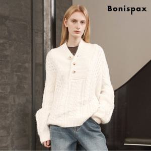 [보니스팍스]꽈배기 패턴 하프 버튼 긴팔 울 니트 (XP4KT036L0)