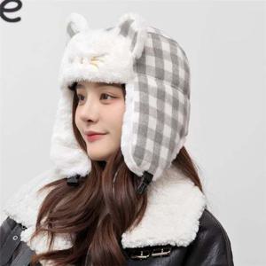 여성 겨울모자 귀여운 체크 방한 고양이얼굴 귀달이