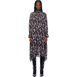 25 FW 가니 여성 블랙 플로럴 프린트 플리츠 미디 드레스 242144F054012