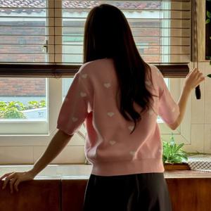 샵앤) 여성 라운드넥 하트 반팔 니트 티 21DS-WKN-3769-핑크