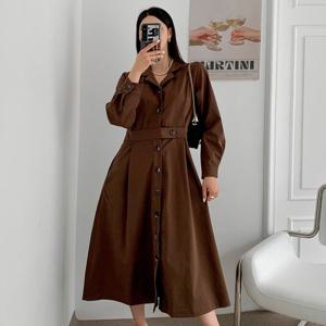 샵앤) 여성 카라 플레어 주름 롱 원피스 CAT-WDR-3827-딥그린