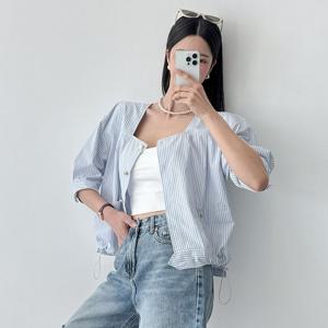 샵앤) 여성 단가라 스퀘어넥 밑단 스트링 단추 7부 블라우스 셔츠 CAT-WBL-4352-소라