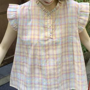 샵앤) 여성 바캉스룩 체크 프릴 셔링 민소매 블라우스 MSE-WBL-20643-핑크