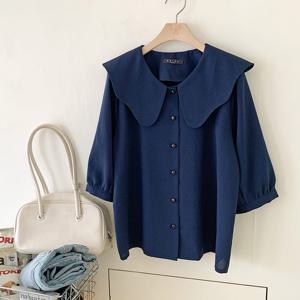 샵앤) 국산 여성 웨이브 세일러 빅카라 7부 블라우스 REI-WBL-4418-네이비