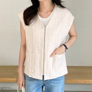 샵앤) 국산 여성 빅포켓 레이어드 민소매 린넨 집업 조끼 SML-WVS-4435-화이트