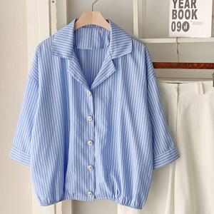 샵앤) 여성 카라넥 스트라이프 7부 셔츠 블라우스 BONG-WBL-4513-스카이블루