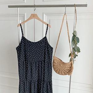 샵앤) 여성 비치 끈나시 3단캉캉 잔무늬 롱 원피스 BONG-WDR-4652-블랙