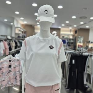 [챌린저]여성 시어서커 배색절개 라운드넥 스트링 우븐탑 화이트