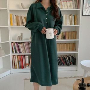 [애슬릿][애슬릿]국내 생산 기모 루즈핏 카라 맨투맨 롱 원피스