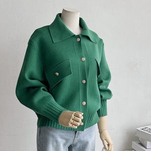 핀턱립 여성 카라넥 오픈 봄 니트 가디건 BONG-WCD-2878-그린