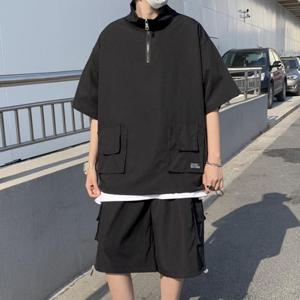 남성 캐주얼 허리 밴딩 반바지 아노락 셋트 LD-SET-QLD1333-블랙