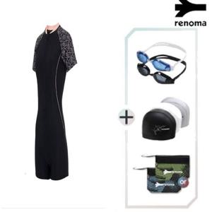 [레노마수영복]여성 기하학 포인트 아쿠아2부 반집업2부반신수영복 수경 수모SET LS2C262_BK