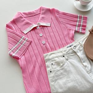 샵앤) 왕골지 여성 반팔 카라 니트 티셔츠 BONG-WKN-3413-핑크