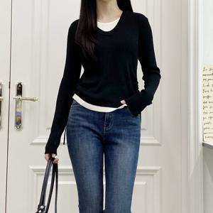 샵앤) 여성 U넥 레이어드 긴팔 니트 티셔츠 SIU-WKN-3654-블랙