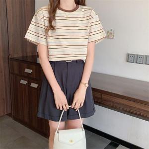 라운드티 MFNC040121 여성 스트라이프 잔가라 라운드 티셔츠