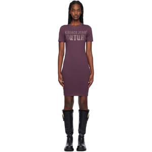 25 FW 베르사체진스꾸뛰르 여성 퍼플 고딕 로고 티셔츠 미니 드레스 242202F052023