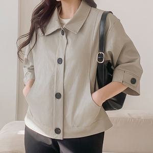 샵앤) 여성 카라넥 날씬한 U라인 포켓 7부소매 레더 자켓 CAT-WJP-4172-연그레이