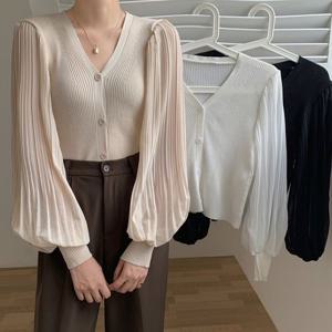 G125826_쉬폰주름 벌룬소매 니트가디건